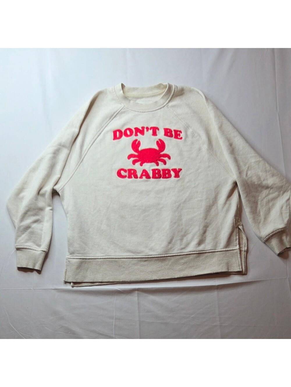 Aerie Beach Party Crew Sweatshirt Womens XS Cream Dont Be Crabby Slit Oversized